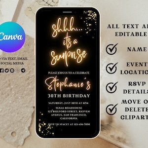 May include: A black and gold phone screen mockup with a birthday party invitation. The invitation says "shhh... it's a surprise" in gold neon lettering. The text is editable and includes the name, event location, RSVP details, and instructions to move or delete clipart.