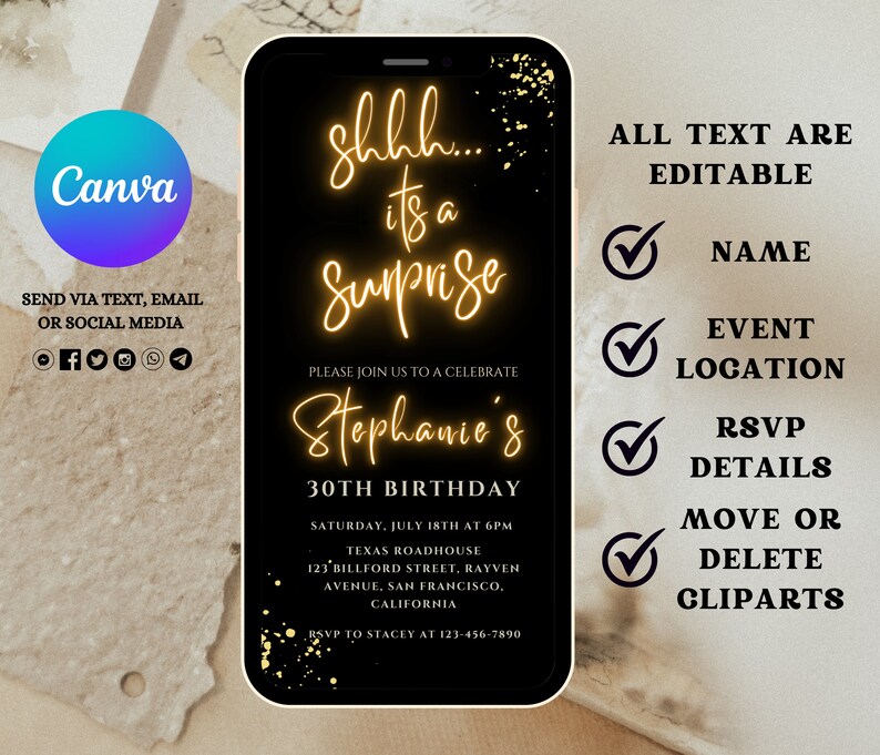 May include: A black and gold phone screen mockup with a birthday party invitation. The invitation says "shhh... it's a surprise" in gold neon lettering. The text is editable and includes the name, event location, RSVP details, and instructions to move or delete clipart.