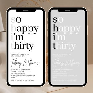 May include: Two black and white phone screen mockups with a birthday invitation. The text reads "So happy I'm thirty." The invitation includes the date, time, location, and RSVP information.