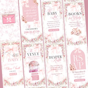 Puede incluir: Invitaciones de baby shower rosas con detalles florales y lazos. Las invitaciones incluyen textos como "Baby List", "Books for Baby" y "RSVP". El dise&ntilde;o presenta una est&eacute;tica suave y femenina.