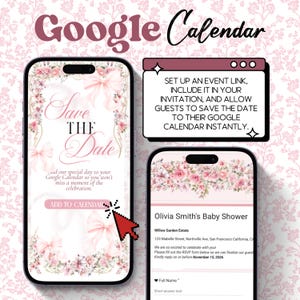 Puede incluir: Una invitaci&oacute;n digital para un baby shower, con un tema floral de rosas rosas y lazos. El dise&ntilde;o incluye el texto "Save the Date" e instrucciones sobre c&oacute;mo agregar el evento a Google Calendar.