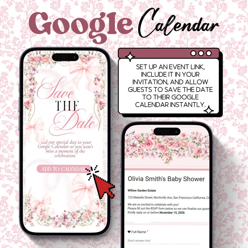 Puede incluir: Una invitaci&oacute;n digital para un baby shower, con un tema floral de rosas rosas y lazos. El dise&ntilde;o incluye el texto "Save the Date" e instrucciones sobre c&oacute;mo agregar el evento a Google Calendar.