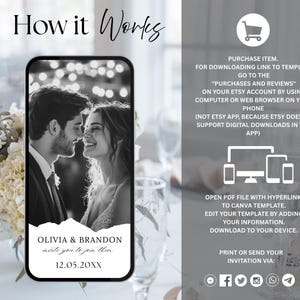 May include: A black and white image of a smartphone displaying a wedding photo of a smiling couple. The phone screen has the text "OLIVIA & BRANDON invite you to join them 12.05.20XX". The words "How it Works" are at the top.