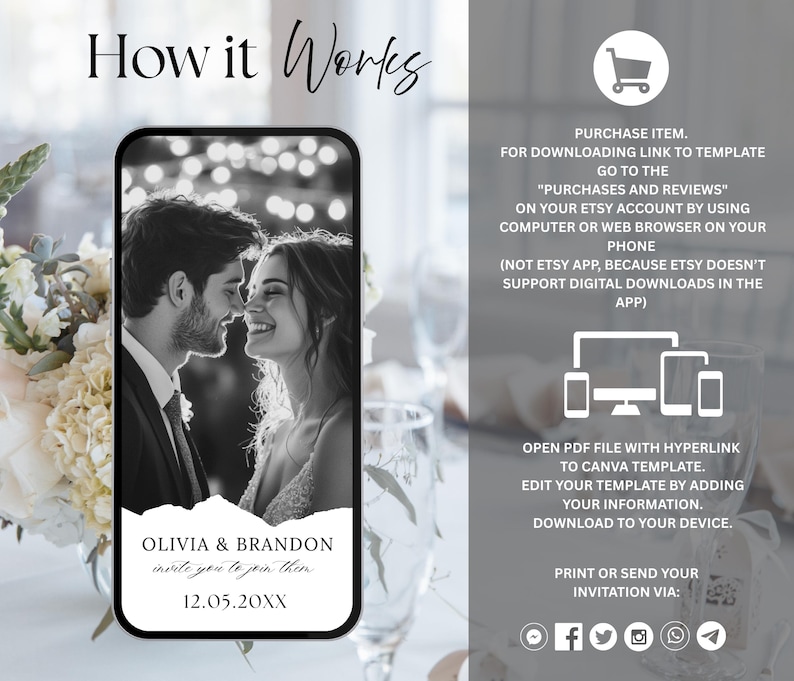 May include: A black and white image of a smartphone displaying a wedding photo of a smiling couple. The phone screen has the text "OLIVIA & BRANDON invite you to join them 12.05.20XX". The words "How it Works" are at the top.