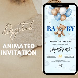 Boy Baby Shower Invitation Templates, Electronic Bear Baby Shower Evite, Digital Balloon Baby Shower Party Invitation, Instant Download