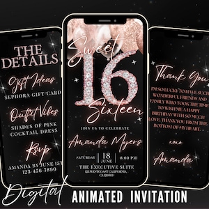 Invitación de cumpleaños número 16, invitación animada para fiesta de cumpleaños número 16, invitación de Evite con globos de color rosa ruborizado y diamantes, itinerario editable y tarjeta electrónica de agradecimiento