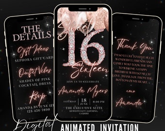 Sweet 16 Sixteen Birthday Invitation, Animated 16th Party Invite, Blush Pink Balloon Diamonds Evite, Editable Itinerary & Thank You eCard