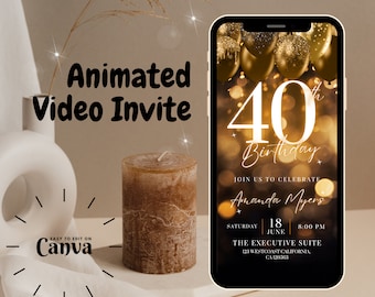 Invitación en video para 40.º cumpleaños: elegante plantilla de Evite para móvil (digital)