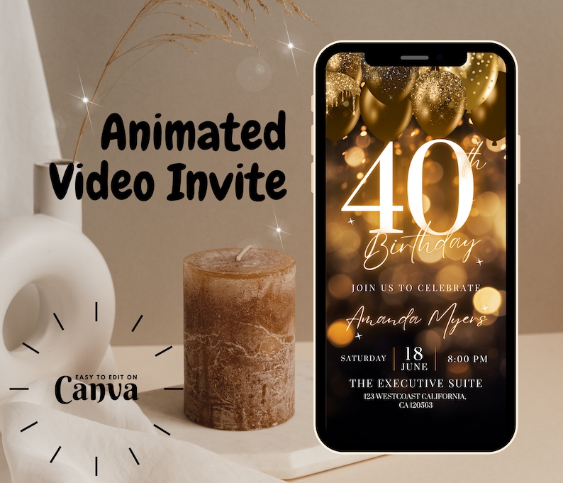 Op de afbeelding: Een gouden en zwarte geanimeerde video-uitnodiging voor een 40e verjaardagsfeest. De uitnodiging heeft een gouden achtergrond met gouden ballonnen en een groot wit nummer 40. De tekst "40e verjaardag" is geschreven in een cursief schrift. De uitnodiging bevat ook de naam "Amanda Myers", de datum "zaterdag 18 juni", de tijd "20:00 uur" en de locatie "The Executive Suite, 123 Westcoast California, CA 120563".