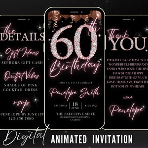 60th Birthday Digital Invitation, Electronic 60th Birthday Party Invite, Rose Gold Diamonds, Instant Download Text Evite, Editable Template