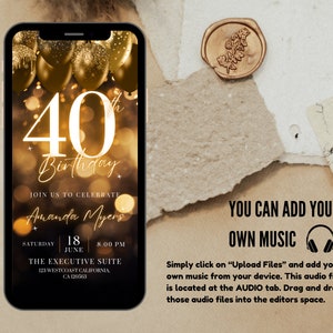 Op de afbeelding: Een digitale uitnodiging in goud en zwart voor een 40e verjaardagsfeest. De uitnodiging toont een gouden nummer 40 op een gouden glitterachtergrond met gouden ballonnen. De tekst "Join us to celebrate Amanda Myers" staat in wit op een zwarte achtergrond. De datum, tijd en locatie van het feest zijn hieronder vermeld. De uitnodiging wordt weergegeven op een smartphone-scherm.