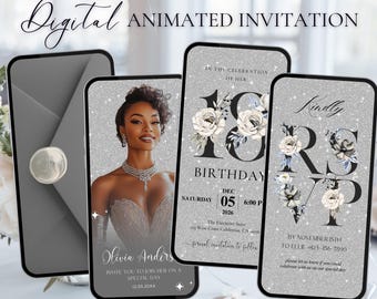 May include: Digital animated invitation design featuring a woman in a formal gown. The invitation includes the text "Digital Animated Invitation", "Olivia Anders", and RSVP details. The design has a silver glitter background and floral accents.