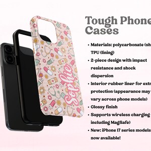 May include: A phone case with a medical theme, featuring stethoscopes, pills, and bandages on a light pink background. The name "Sophie" is written in cursive. The case is shown with a black phone.