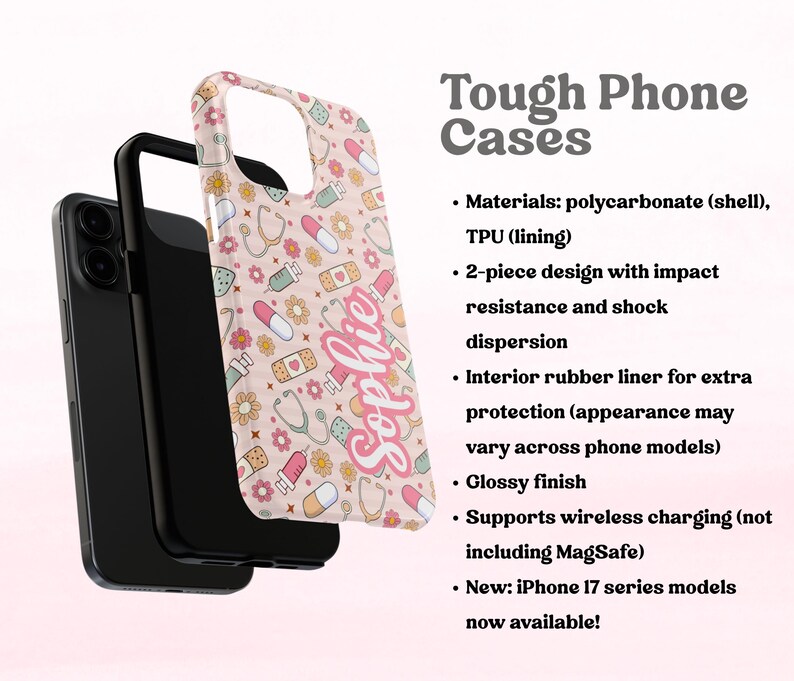 May include: A phone case with a medical theme, featuring stethoscopes, pills, and bandages on a light pink background. The name "Sophie" is written in cursive. The case is shown with a black phone.