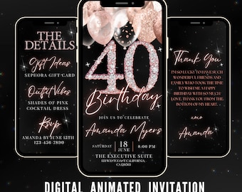 Digital 40th Birthday Party Video Invitation, 40th Glam Invite Ecard, Animated Black Gold Silver Diamond Evite, Editable Itinerary eCard
