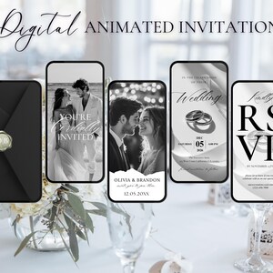 May include: Digital animated wedding invitation design. The design includes a black envelope with a gold seal, and several smartphone screens displaying wedding-related graphics and text, including "You're Cordially Invited" and "RSVP".