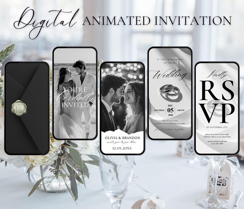 May include: Digital animated wedding invitation design. The design includes a black envelope with a gold seal, and several smartphone screens displaying wedding-related graphics and text, including "You're Cordially Invited" and "RSVP".
