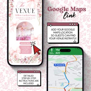 Puede incluir: Dise&ntilde;o digital para un local, con un smartphone que muestra los detalles del local y un mapa. El dise&ntilde;o incluye el texto "The Venue" y "Google Maps link". Se incluyen instrucciones detalladas.