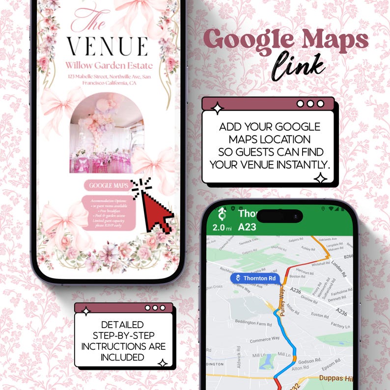 Puede incluir: Dise&ntilde;o digital para un local, con un smartphone que muestra los detalles del local y un mapa. El dise&ntilde;o incluye el texto "The Venue" y "Google Maps link". Se incluyen instrucciones detalladas.