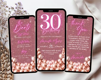 Rose Gold 30th Birthday Animated Invitation: Editable Canva Template (Digital Download)