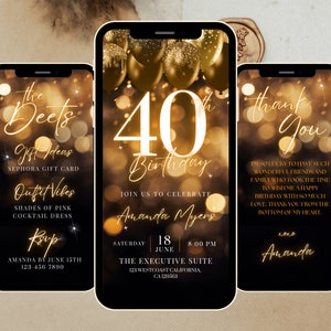 Op de afbeelding: Een digitale uitnodiging in goud en zwart voor een 40e verjaardagsfeest. De uitnodiging heeft een groot gouden nummer 40 met gouden glitter en een zwarte achtergrond met gouden bokeh-lichtjes. De tekst "Vier met ons Amanda Myers" staat in gouden schrift. De datum, tijd en locatie van het feest staan hieronder vermeld. De uitnodiging bevat ook een bedankbericht van de jarige.