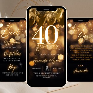 Op de afbeelding: Een gouden en zwarte digitale uitnodiging voor een 40e verjaardagsfeest. De uitnodiging bevat een groot getal "40" met gouden glitter en ballonnen. De tekst luidt "Vier met ons Amanda Myers, zaterdag 18 juni, 20:00 uur, The Executive Suite, 123 Westcoast California, CA 120563".