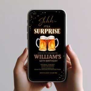 May include: A black mobile phone screen displaying a birthday party invitation with gold text and graphics. The invitation reads "Shhh... It's a Surprise" and features two glasses of beer clinking together. The text also includes the birthday person's name, age, date, time, location, and RSVP information.