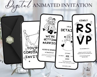 Invitación de boda animada en video, invitación digital de boda personalizada, plantilla digital editable de Canva, invitación de boda en video electrónica