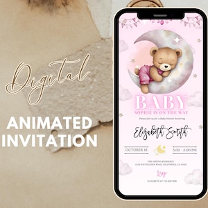 Digital Girl Baby Shower Invitation Templates, Electronic Bear Baby Shower Evite, Balloon Baby Shower Party Invitation, Instant Download