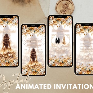 Quinceaňa Video Invite - Canva Quinceanera, Quinceeinladung, personalisierte Video Evite, animierte Einladung, süßer 15. Geburtstag Gold