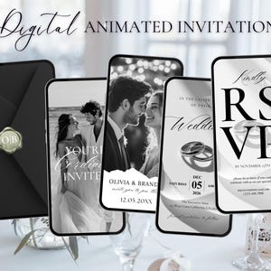 May include: Digital animated wedding invitation design. The design features a black envelope with a gold seal and several smartphone screens displaying wedding details. The screens show photos of a couple, RSVP information, and wedding details.