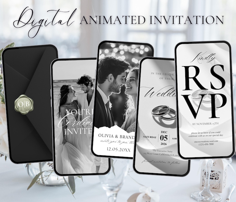 May include: Digital animated wedding invitation design. The design features a black envelope with a gold seal and several smartphone screens displaying wedding details. The screens show photos of a couple, RSVP information, and wedding details.