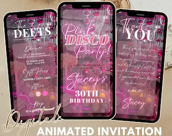 Pink Disco Party Invitation, Disco Birthday Party Animated Invitation Pink Party Invite Retro Groovy Party Invite Boho Hippie Disco Ball 70s