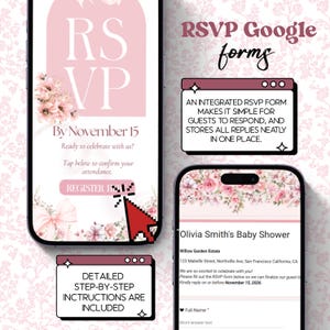 Puede incluir: Una invitaci&oacute;n digital para un baby shower, con un dise&ntilde;o rosa y floral. La invitaci&oacute;n incluye el texto "RSVP" y "By November 15". Detalles adicionales incluyen un RSVP de Google Forms e instrucciones paso a paso.