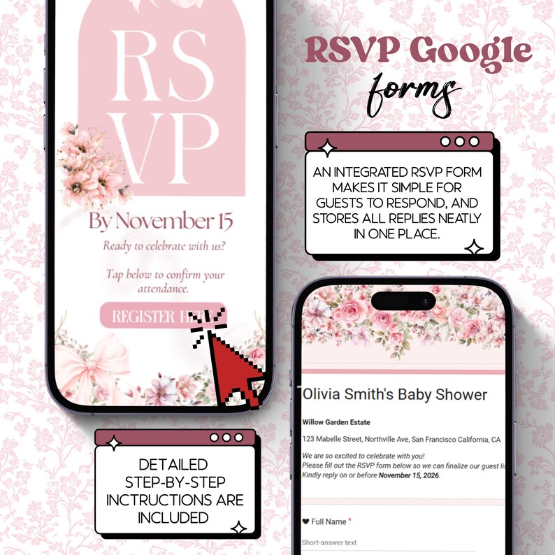 Puede incluir: Una invitaci&oacute;n digital para un baby shower, con un dise&ntilde;o rosa y floral. La invitaci&oacute;n incluye el texto "RSVP" y "By November 15". Detalles adicionales incluyen un RSVP de Google Forms e instrucciones paso a paso.