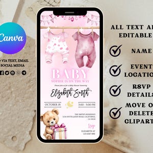Digital Girl Baby Shower Invitation Templates, Electronic Bear Baby Shower Evite, Balloon Baby Shower Party Invitation, Instant Download