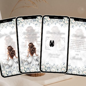 Quinceaña Video Invite - Canva Quinceanera, Quinceeinladung, personalisierte Video Evite, animierte Einladung, süßer 15.Geburtstag weiß