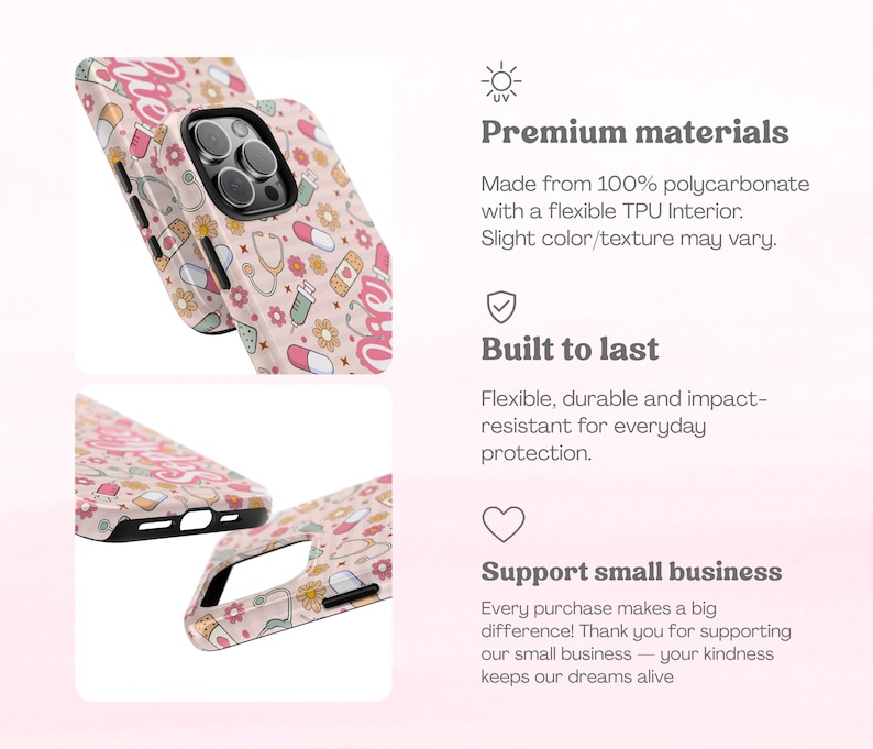 May include: A phone case with a repeating pattern of medical-themed illustrations, including stethoscopes, pills, and syringes, in shades of pink, beige, and white. The word "Nurse" is written in a cursive font. The case is made of polycarbonate with a flexible TPU interior.