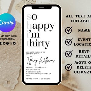 May include: A black and white digital invitation for a 30th birthday party. The invitation says "So happy I'm thirty." It includes the name Tiffany Williams, the date and time of the event, and the location. The text "All text are editable" is displayed on the right side of the invitation.