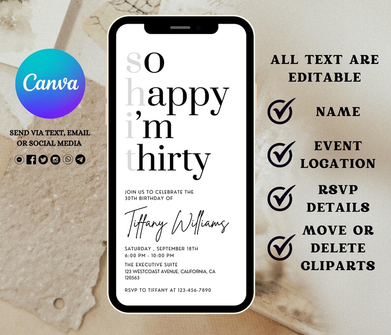 May include: A black and white digital invitation for a 30th birthday party. The invitation says "So happy I'm thirty." It includes the name Tiffany Williams, the date and time of the event, and the location. The text "All text are editable" is displayed on the right side of the invitation.