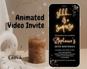 Shhh... it&#39;s a surprise e-invite, surprise neon party invite, Text Message Invitation, Mobile Phone invite, gold neon birthday invite