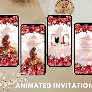 Quinceañera Video Invite - Canva Quinceanera, Quince Invitation, Personalized Video Evite, Animated Invitation, Sweet 15th Birthday Red Gold
