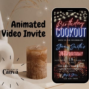 May include: A smartphone screen displaying a birthday cookout invitation with neon lights and a grill. The invitation reads "Birthday Cookout", "Join us to celebrate Steven Smith's 30th Birthday", "Saturday June 18, 8:00 PM", "The Executive Suite, 123 Westcoast California, CA 120363", "RSVP to Steven 123-456-7890".