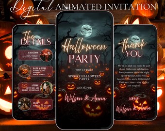 May include: Digital animated Halloween party invitation displayed on three smartphones. The design features a spooky night scene with jack-o'-lanterns, a full moon, and text that reads "Halloween Party" and "Thank You."