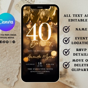 Op de afbeelding: Een gouden en zwarte digitale uitnodiging voor een 40e verjaardagsfeest. De uitnodiging heeft een gouden nummer 40 met een gouden glitterachtergrond en gouden ballonnen. De tekst op de uitnodiging luidt: "Doe mee met het vieren van Amanda Myers, zaterdag 18 juni, 20:00 uur, The Executive Suite, 123 Westcoast California, CA 120563".