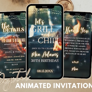 May include: A digital invitation for a 30th birthday party with a campfire theme. The invitation says "Let's Grill and Chill" and includes the birthday person's name, Mia Adams, and the date and time of the party. The invitation also includes a thank you message for guests.