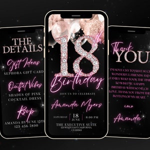 Digitale 18e verjaardagsuitnodiging, geanimeerde 18e feestuitnodiging, schattige roségouden diamanten neonroze lettertype, tekst Evite, bewerkbare canva-sjabloon