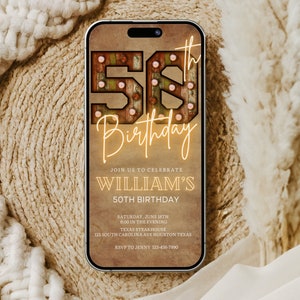 Digital 50th Birthday Invitation For Men, 50 Invite Ecard, Virtual Rustic Marquee BBQ Fifty Party Invite For Him, Self Editable Template
