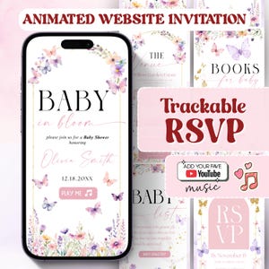 May include: A smartphone shows a baby shower invitation with a floral and butterfly theme. The invitation says "Baby in Bloom" and includes details for Olivia Smith's baby shower. Other cards display RSVP and baby registry information.