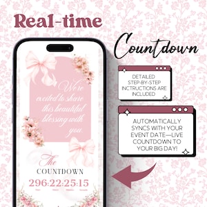 Invitación para baby shower con lazo rosa, invitación digital con RSVP, plantilla editable de Canva. imagen 9